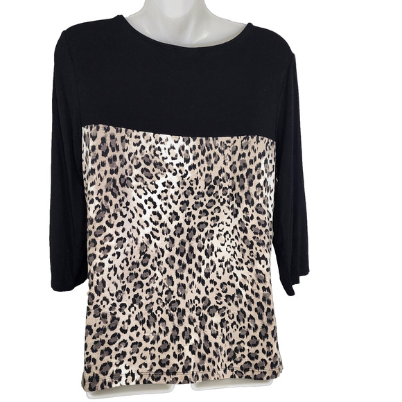 Chico's Women Colorblock Leopard Top Size 1 Medium 3/4 Sleeve Black Stretch Knit - Picture 2 of 9